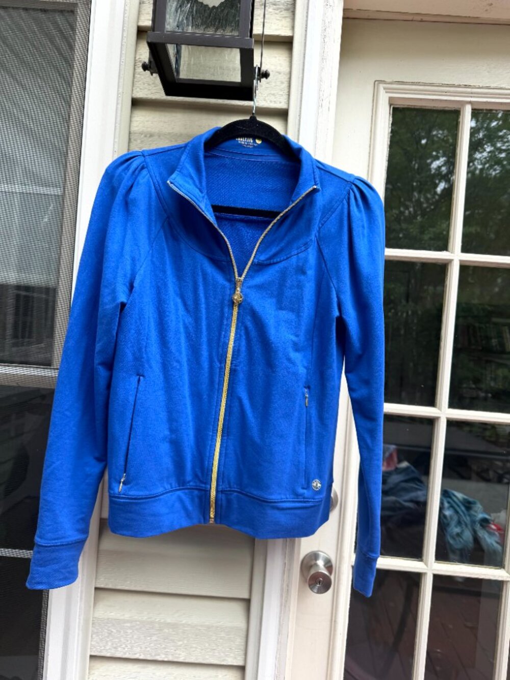Lilly Pulitzer LUXLETIC Blue Zip Up Jacket, Puff Sleeve, Gold Zipper, Size S